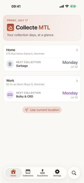 Collecte MTL home screen showing the next collection at a glance