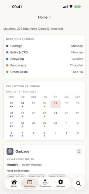 The upcoming collection schedule for a saved address