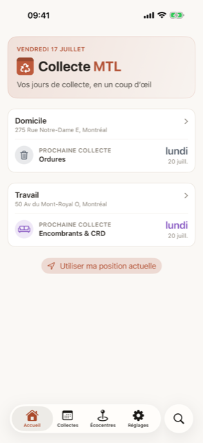 Écran d’accueil de Collecte MTL montrant la prochaine collecte