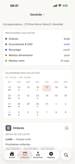 Le calendrier des prochaines collectes pour une adresse enregistrée